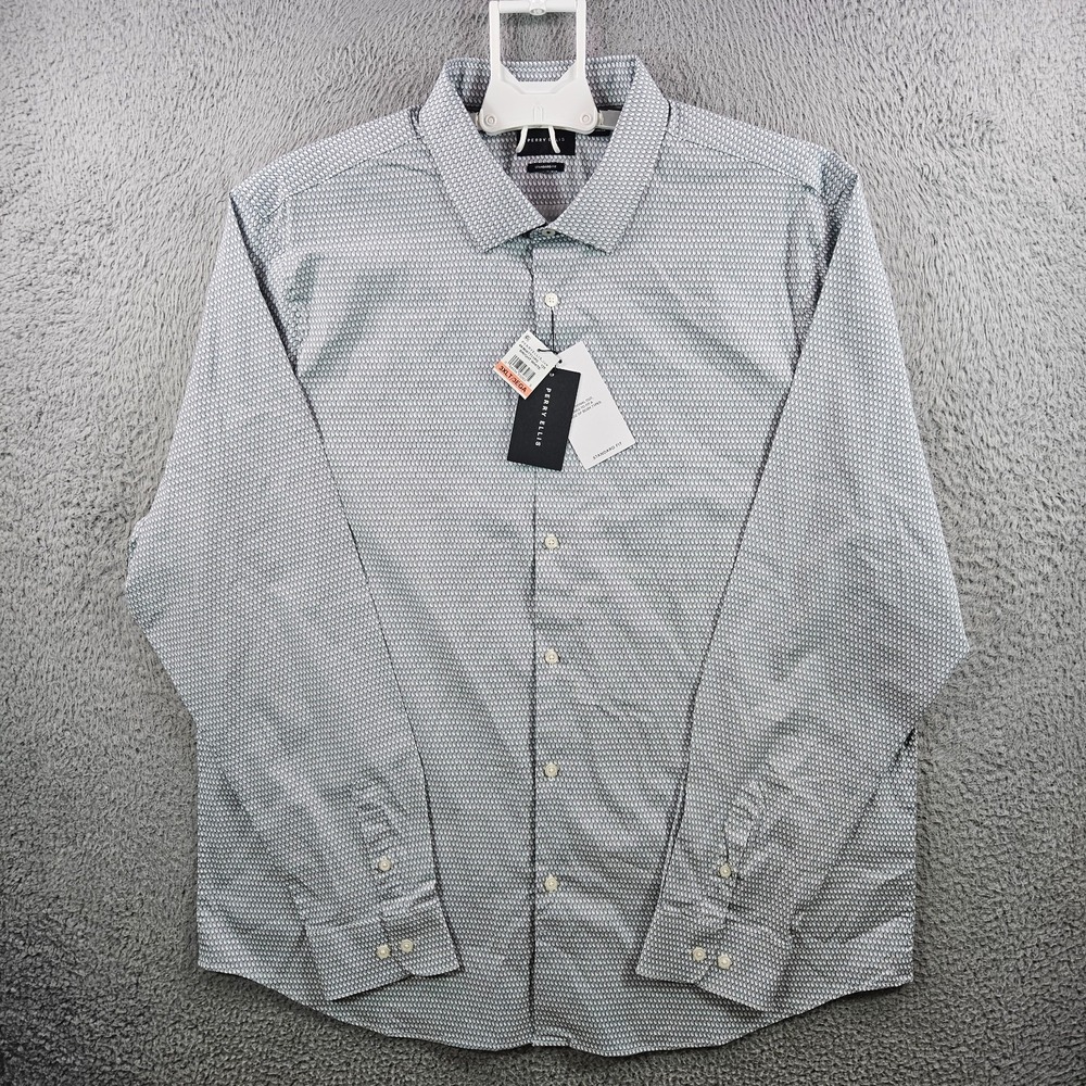 $99 NEW Perry‎ Ellis Dress Shirt Men 3XLT Stretch Long Sleeve Dark Blue White